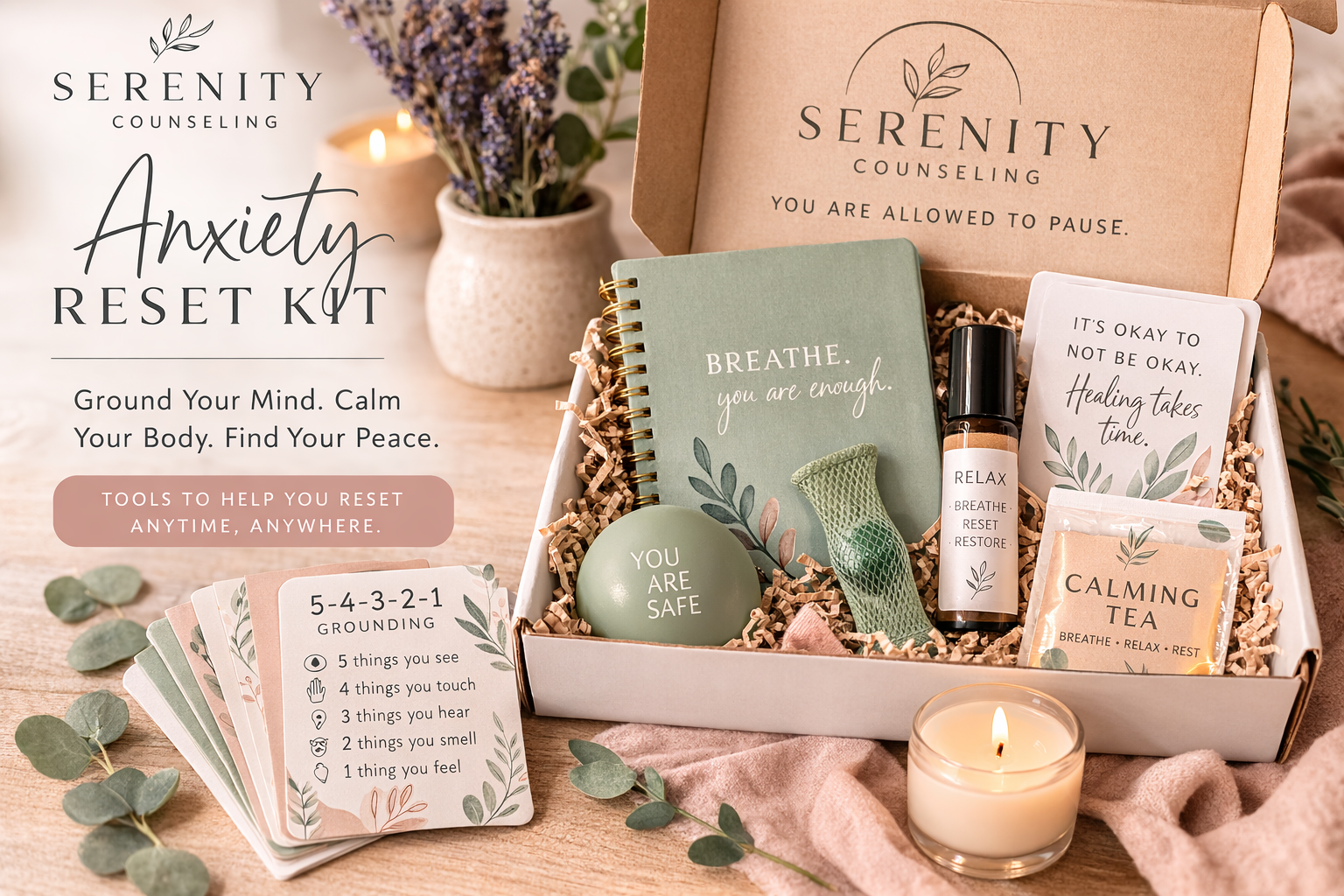 Serenity Anxiety Reset Kit | Therapist-Designed Grounding & Calm Toolkit